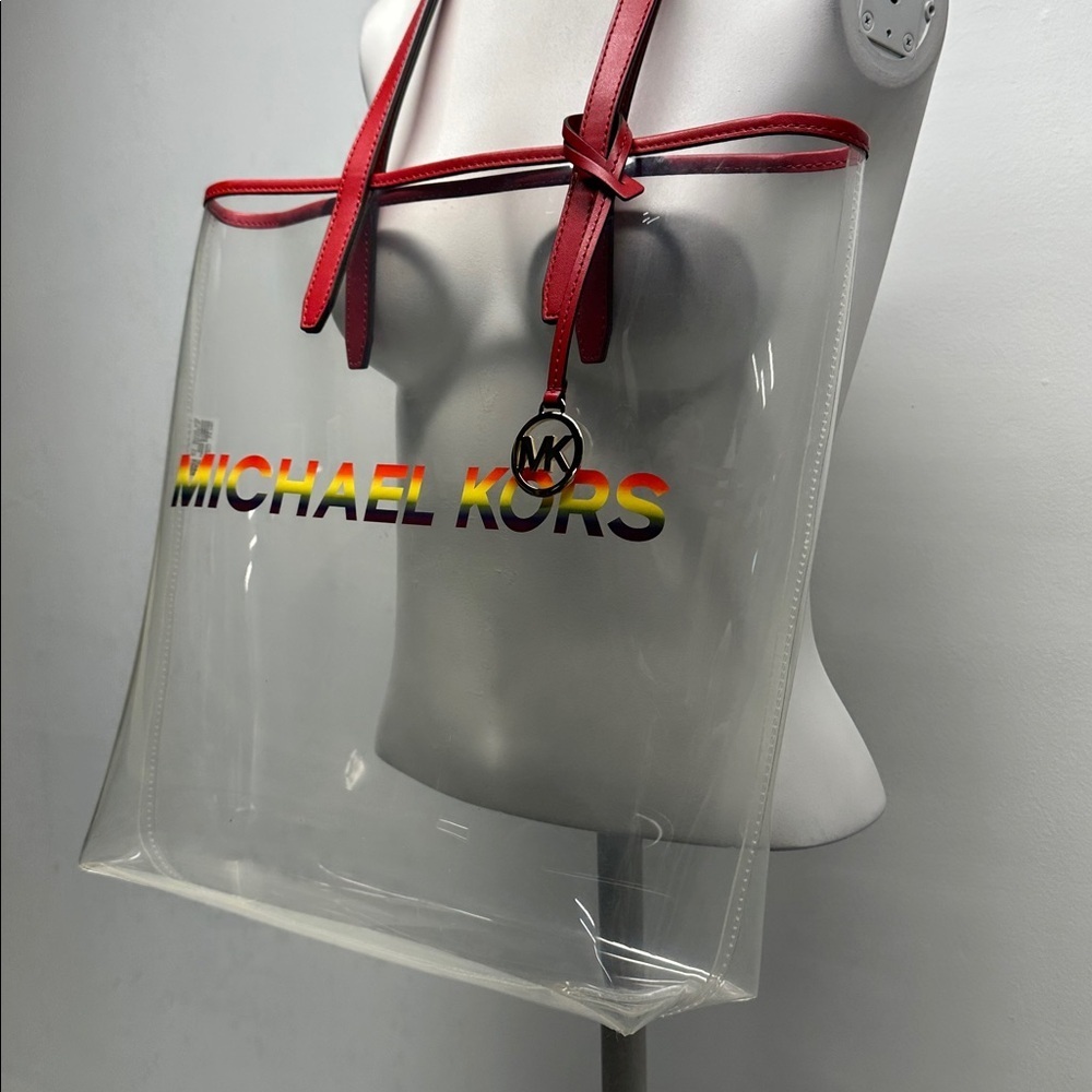 Micheal Kors The Michael Clear Vinyl Tote Bag Purse Rainbow Red Gold MK Large - Picture 3 of 8